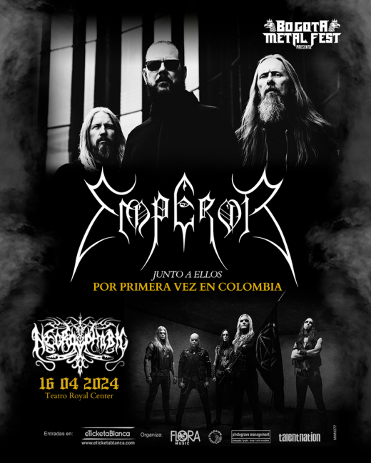 Flayer evento Emperor y Necrophobic en Bogotá Colombia